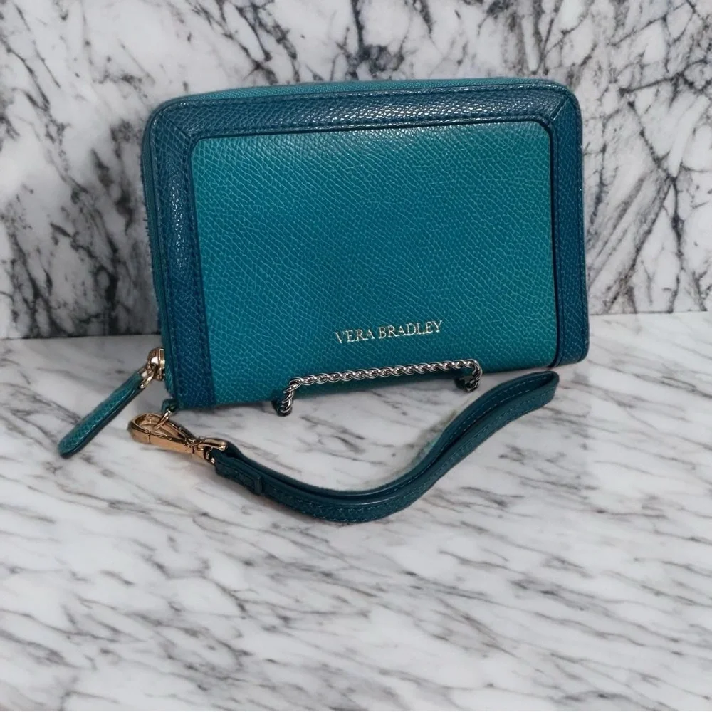 Vera Bradley Leather Two-Tone Teal Wristlet Wallet with Removable Strap Like New - Picture 3 of 12